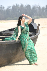 'Sitara' Green Pure Resham Cotton Banarasi Handloom Saree